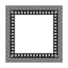 Square decorative frame. Antic Greek style. Floral elements, vignettes. Black and white.