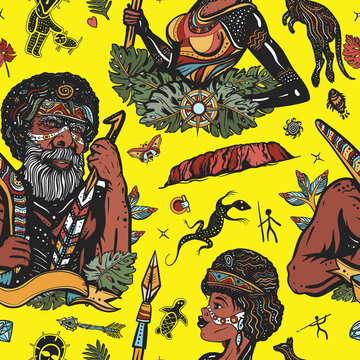 Australia seamless pattern. Boomerang, rock painting, kangaroo, map. Old school tattoo vector background. Ethnic Australian aboriginal tribes bushmen