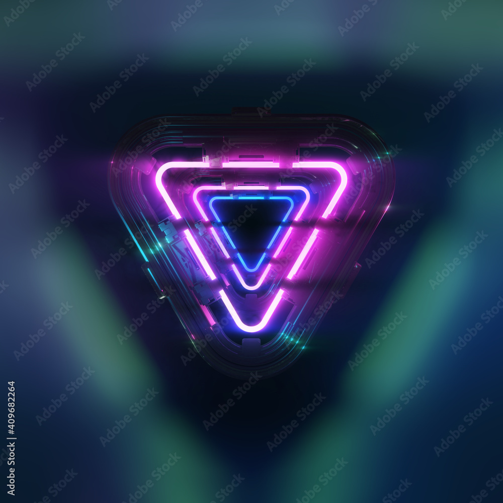 Poster glowing neon light in a triangular shape. futuristic glowing neon triangle tunnel background.