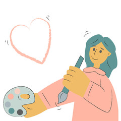 Young cartoon girl painter holding brush and palette painting heart shape on white background