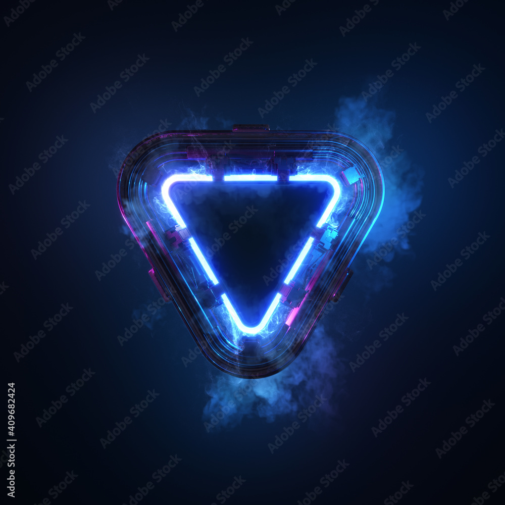 Poster blue glowing neon light abstract triangular shape. smoke and heat generated by portal or sign. parti