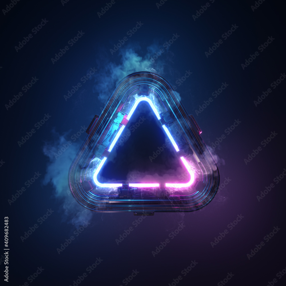 Poster blue glowing neon light abstract triangular shape. smoke and heat generated by portal or sign. parti
