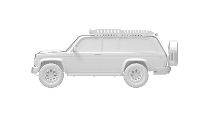 Jeep 3D rendering, a 4x4 offroad car automotive computer model isolated on a white studio background