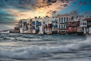 Mykonos Little Venice. Greece: Little Venice is one of the most romantic places in Mykonos. - obrazy, fototapety, plakaty