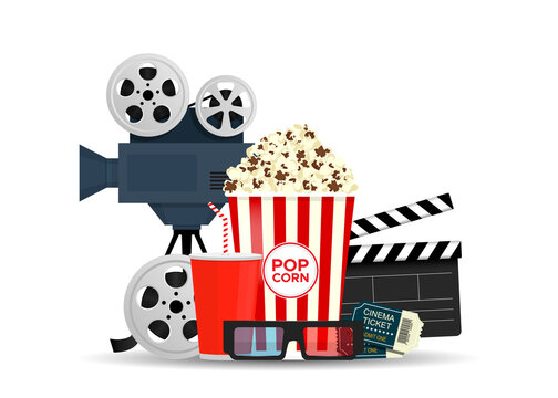 Vector illustration for online cinema. Elements of the film industry isolated on white background.