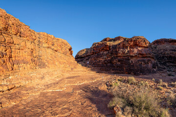 Kings Canyon is part of Watarrka National Park, in the South western corner of the Northern Territory. The park is 450 kilometres (280 miles) from Alice Springs.