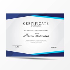 Certificate of appreciation template, gold and blue color. Clean modern certificate with gold badge. Certificate border template with luxury and modern line pattern. Diploma vector template