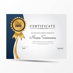 Certificate of appreciation template, gold and blue color. Clean modern certificate with gold badge. Certificate border template with luxury and modern line pattern. Diploma vector template