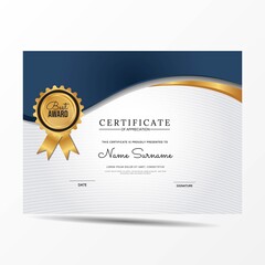 Certificate of appreciation template, gold and blue color. Clean modern certificate with gold badge. Certificate border template with luxury and modern line pattern. Diploma vector template