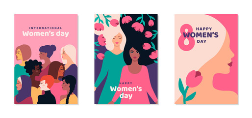 International Women's day posters set. Background with different woman face and flowers. 8 March card, flyer, invitation or brochure cover template for empowerment movement. Vector illustration.