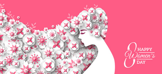 Fashion woman with long hair and floral pattern. Paper cut 3d spring flowers hairstyle. Vector Illustration. 8 March, Happy International Women's Day poster, greeting card or banner. Place for text