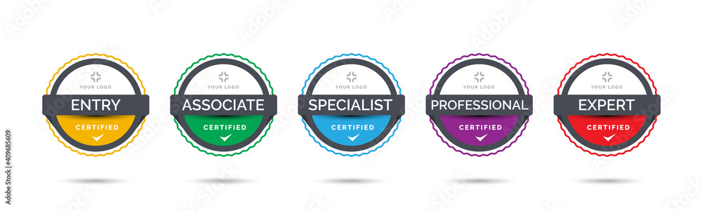 Poster set of company training badge certificates to determine based on criteria. vector illustration certi