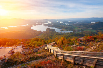 Hiawassee, Georgia, USA landscape with Chatuge Lake in early autumn - obrazy, fototapety, plakaty
