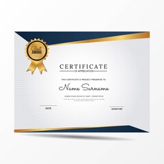 Certificate of appreciation template, gold and blue color. Clean modern certificate with gold badge. Certificate border template with luxury and modern line pattern. Diploma vector template