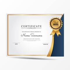 Certificate of appreciation template, gold and blue color. Clean modern certificate with gold badge. Certificate border template with luxury and modern line pattern. Diploma vector template