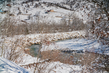 mountain stream in the winter forest