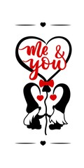 Vertical sign with couple gnome with hand calligraphy lettering Me and you Red. Balloon of shape of heart. Valentines day concept. Design for porch, home deco, walldecor, clothes print. Cut file.