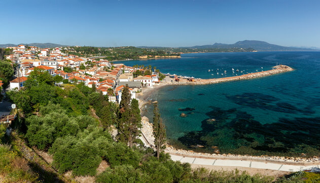 Koroni town, panoramic view of this traditional coastal town in the southernmost part of western Peloponnese, in Messinia region, Greece, Europe.   