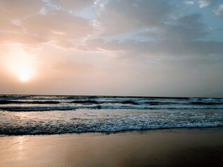 Fototapeta na wymiar Sunrise in San Juan beach, Alicante, Spain. Positive concept.