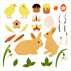 Cute spring Easter set. Elements in the style of flat on a white background. Ideal for decorating Easter products and postcards. Illustrations can be used as stickers.