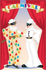 Two male characters wear the costumes of two Italian harlequin and pulcinella masks on a stage