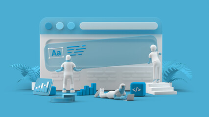 Web UI UX Design Teamwork concept 3D illustration. Team People Building Creating website User interface Front view