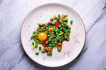 Green beans with iberico ham and cured egg yolk