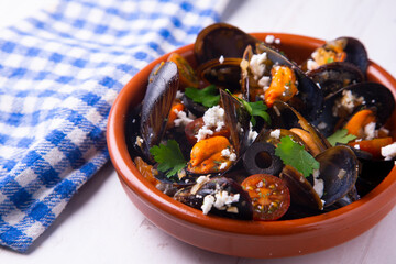 Cooked mussels traditional spanish tapa.
