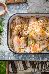 Seasoning chicken legs with herbs for grilling