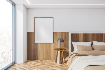 Mockup frame in wooden bedroom, bed with linens on parquet floor