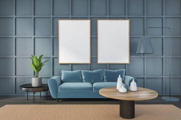 Mockup canvas in blue living room with sofa and table on parquet floor