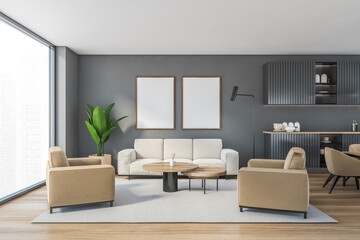 Mockup canvas in grey living room with beige furniture and tables