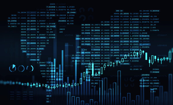 Concept of stock market and fintech forex concept. Blurry blue digital charts over dark blue background. Futuristic financial interface. 3d render illustration. World map