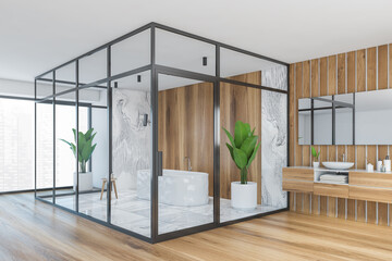 White marbel and wooden bathroom modern interior with a wooden floor, a white ceramic tub, a tree in a pot, panoramic window. 3d rendering