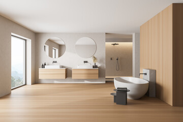 Wooden bathroom interior with a white tub, double sinks and round mirrors. 3d rendering mock up