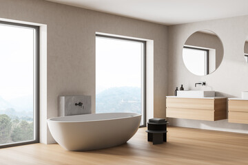 Fototapeta na wymiar Wooden bathroom interior with a white tub, double sinks and round mirrors. 3d rendering mock up