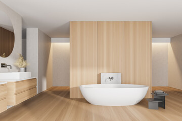 Fototapeta na wymiar Wooden bathroom interior with a white tub, double sinks and round mirrors. 3d rendering mock up