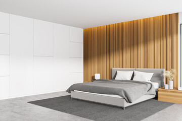 Corner of master bedroom with white, wooden walls, comfortable king size bed standing on gray carpet and concrete floor. Mockup wall. 3d rendering