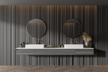 Modern bathroom with gray walls, wooden floor, double sink with round mirrors and left window light. 3d rendering