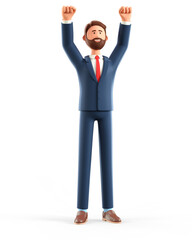 3D illustration of happy standing man throwing his hands up in the air. Cartoon joyful bearded businessman celebrating success, isolated on white.