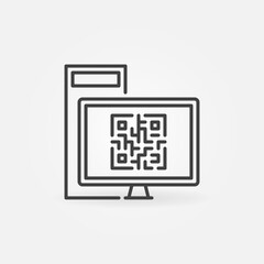 Desktop Computer with QR Code vector concept icon or symbol in thin line style