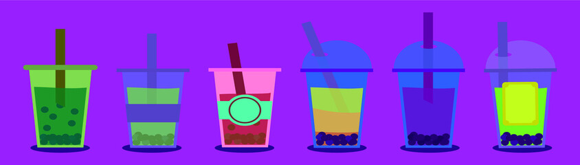 set of bubble tea cartoon icon design template with various models. vector illustration isolated on purple background