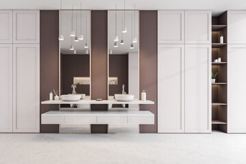 Modern bathroom with brown and white shelf, concrete floor, comfortable white double sink. 3d rendering