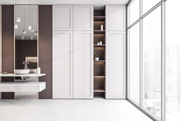 Wooden and white bathroom with sink, mirror and window with city, front view. Minimalist design of modern bathroom with concrete floor shelfs. 3D rendering, no people