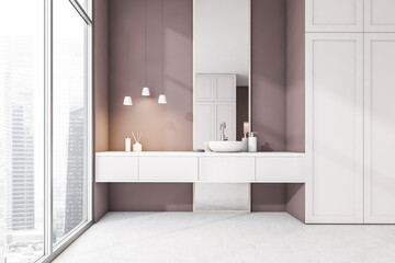 Obraz na płótnie Canvas Wooden and white bathroom with sink, mirror and window with city, front view. Minimalist design of modern bathroom with concrete floor 3D rendering, no people