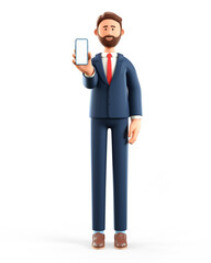 3D illustration of standing man holding smartphone and showing blank screen. Close up portrait of cartoon smiling businessman demonstrating empty phone display, isolated on white.