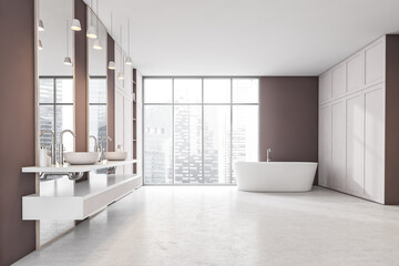 Fototapeta na wymiar Front view of a bathroom interior with a white tub, a wooden closet and brown wall. city view from window. 3d rendering, mock up