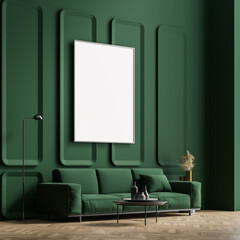 Mock up poster in the interior of the living room with a green wall and sofa. wooden parquet. 3d rendering