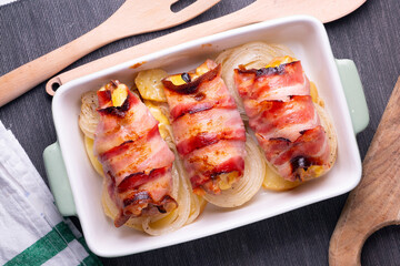 Roll with bacon and chicken backed in the oven