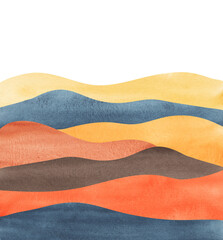 watercolor wavy mountain silhouette, hand painted background with hues of yellow red and indigo shapes